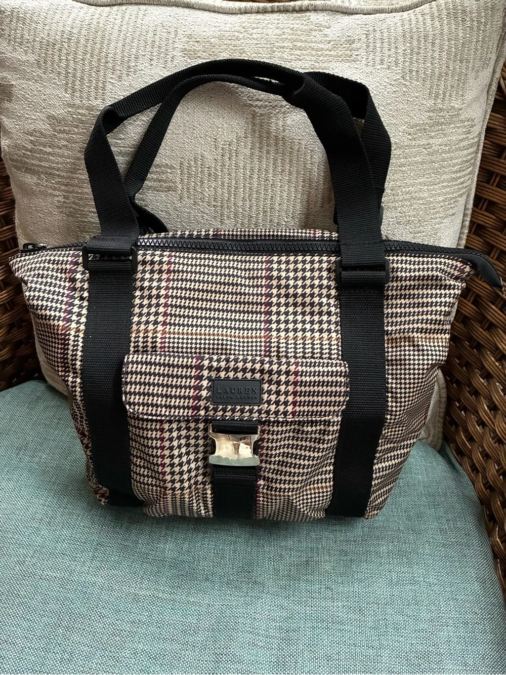 Ralph Lauren Black, Cream & Brown Houndstooth Tote with Silver Hardware